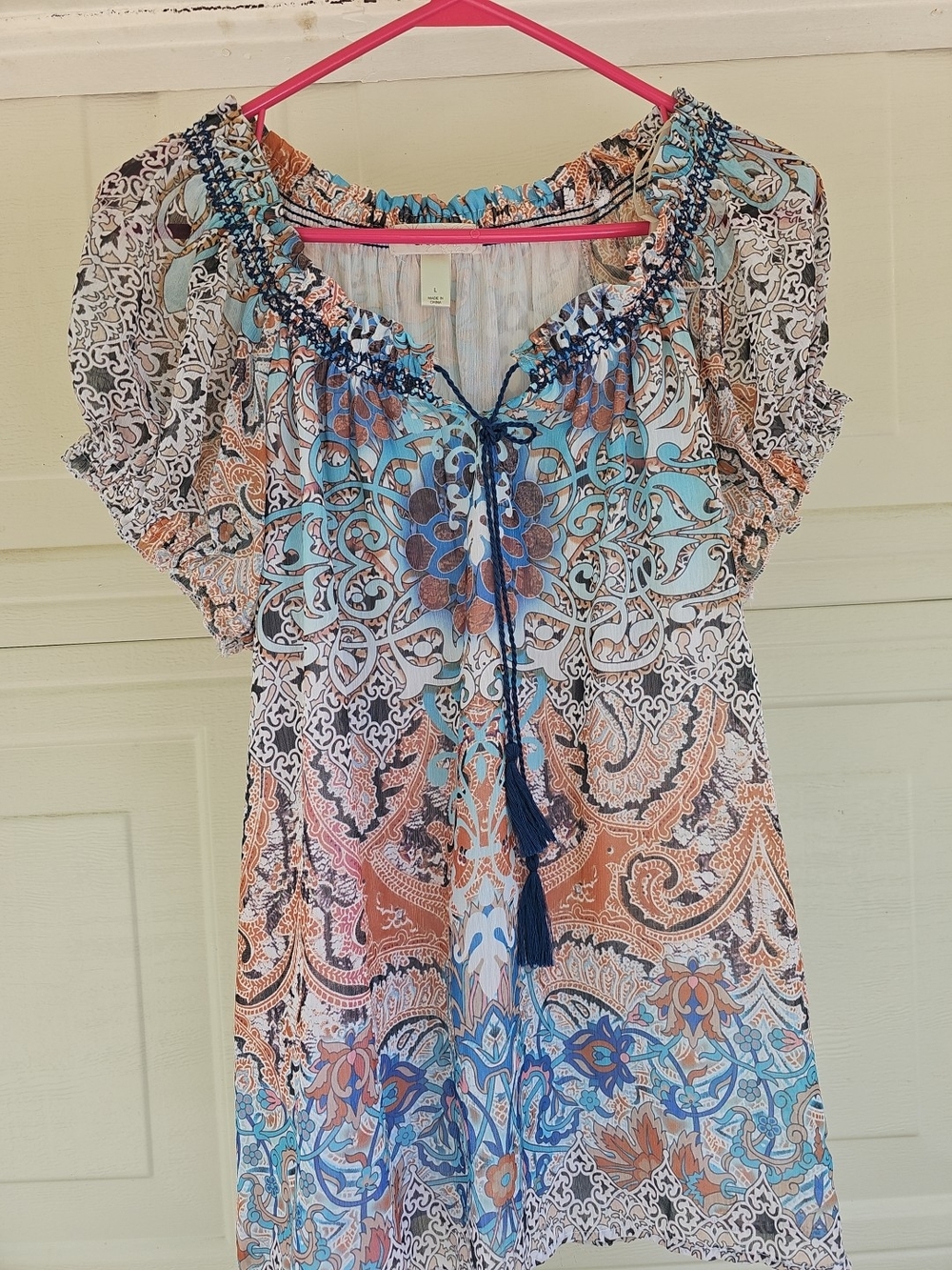 Dressbarn Blue and Tan Paisley Smocked Neck Tunic